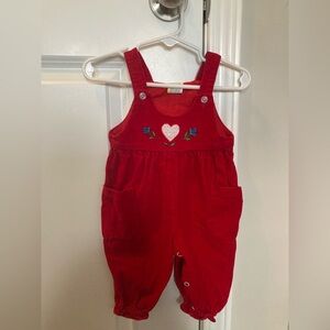 Vintage 80s Red Corduroy Overalls with Embroidered Flowers Baby Girl 3-6 Months